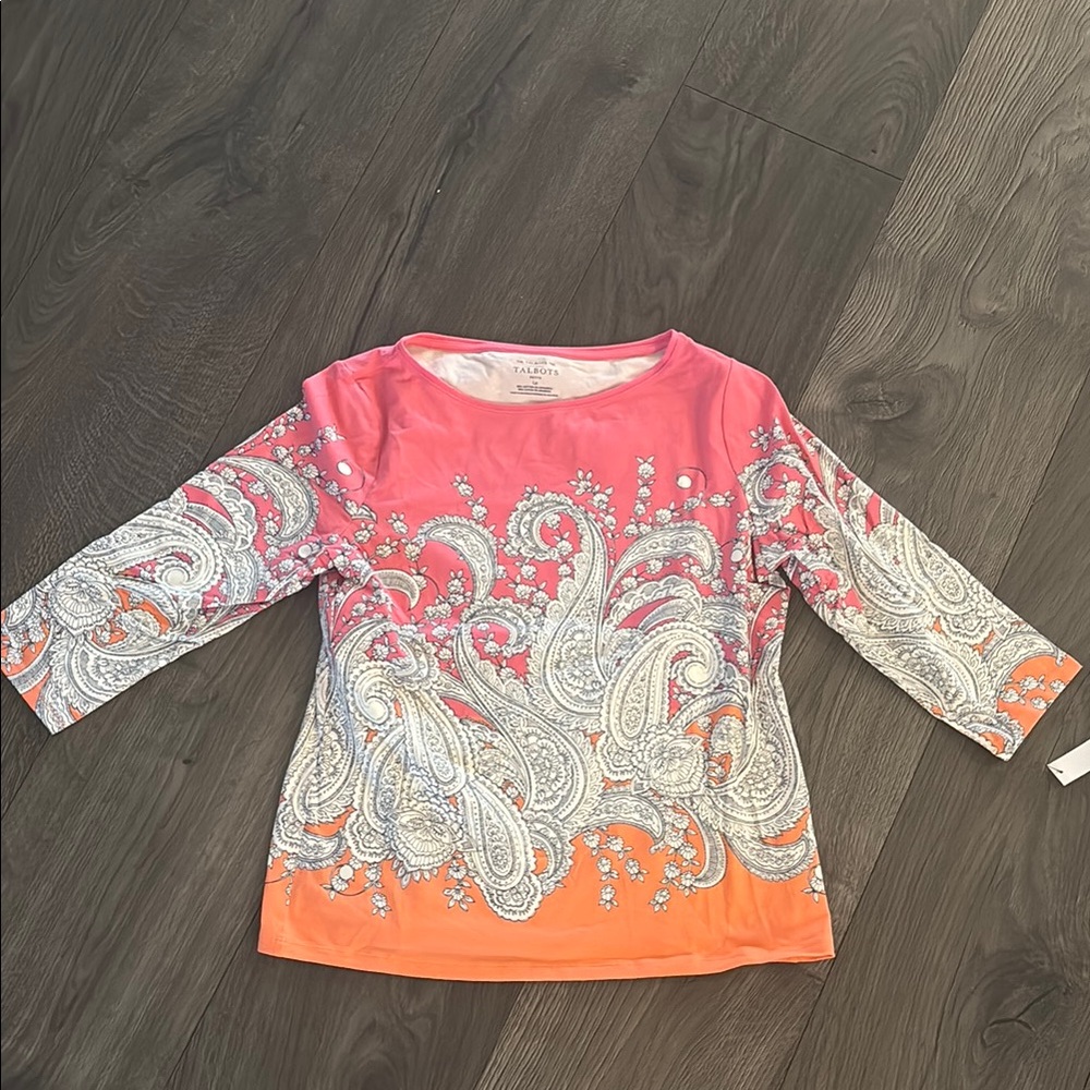 Talbots Pink and Orange 3/4 Sleeve LP Tee with Paisley Design